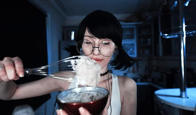 Petite brunette teen asmr cooking banana on webcam