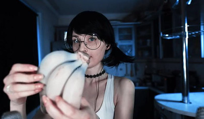 Petite brunette teen asmr cooking banana on webcam