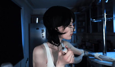 Petite brunette teen asmr cooking banana on webcam