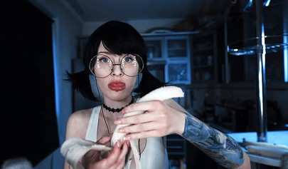 Petite brunette teen asmr cooking banana on webcam