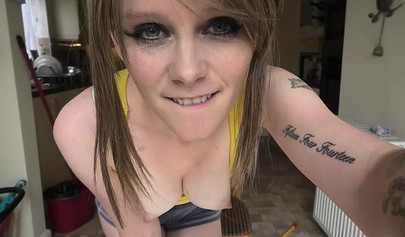 Slutty amateur teen riding big dildo in the kitchen