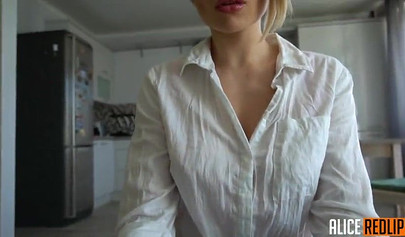 Stunning amateur blonde giving a sloppy blowjob gets cumshot