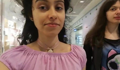Slutty teen walks around the mall with cum on her face