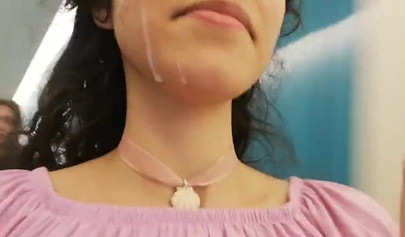 Slutty teen walks around the mall with cum on her face