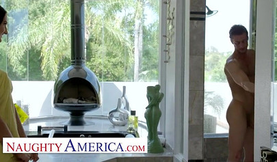 Gorgeous Latina Eliza Ibarra cumshot after milking friend's dad's cock