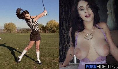 Gorgeous brunette Gabbie Carter titty fucking a big cock during golf