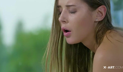 Beautiful brunette Sybil riding a big cock after a sloppy blowjob