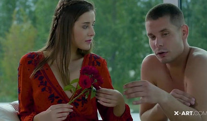 Beautiful brunette Sybil riding a big cock after a sloppy blowjob