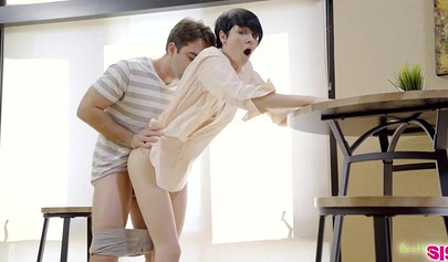 Horny brunette teen Cadey Mercury seducing and milking step brother's cock