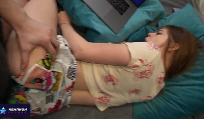 Naughty brunette got cum on her tits after hardcore doggystyle