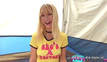 Petite blonde Kenzie Reeves giving her stepbrother a blowjob in public