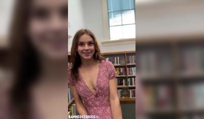 Petite Ellie Eilish riding big cock in sundress at the library