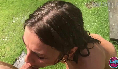 Horny Latina stripping and fucking hard by the pool