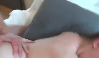 Chubby amateur brunette giving a sloppy blowjob after hardcore doggystyle