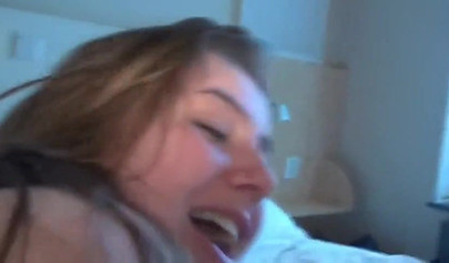 Chubby amateur brunette giving a sloppy blowjob after hardcore doggystyle