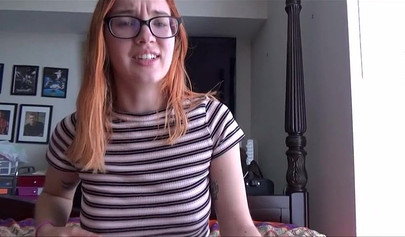 Nerdy stepsister with big tits giving a stunning blowjob