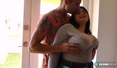 Curvy teen plays with her big tits while getting fucked