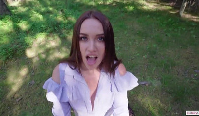 Beautiful young brunette becomes a naughty cowgirl outdoors