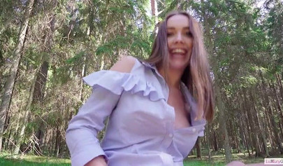 Beautiful young brunette becomes a naughty cowgirl outdoors