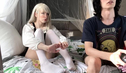 Blonde gamer girl fucks her stepbrother and blows his cock