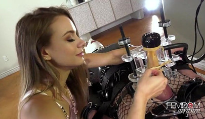 Gorgeous babe dominating a man in fishnets and latex