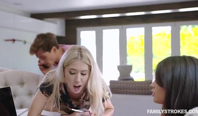 Horny stepbrother fucks his slutty sis and her gorgeous friend