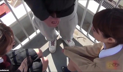 Skinny Asian friends suck a cock until it splashes them