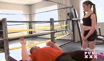 Tiny teen Lucie Bee screws her handsome gym instructor