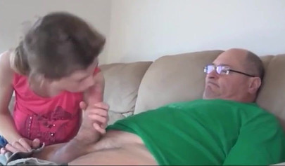 Skinny teen with big natural tits screwing an old guy