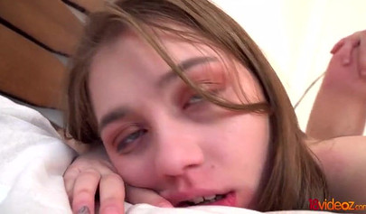 Brown-haired chick with small boobs fucking doggy style