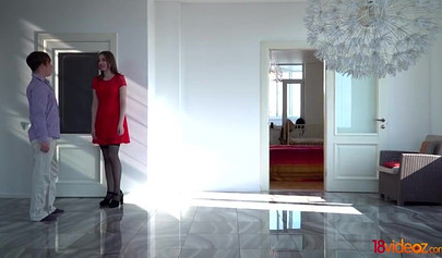 Brown-haired chick with small boobs fucking doggy style