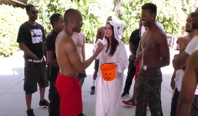 Gorgeous Brunette Drilled In An Interracial Orgy Gets Bukkake