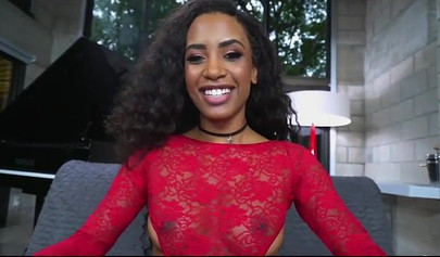 Glamorous black teen Demi Sutra humps a white dick at the casting