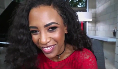 Glamorous black teen Demi Sutra humps a white dick at the casting