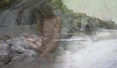 Skinny Russian teen model posing nude by waterfalls