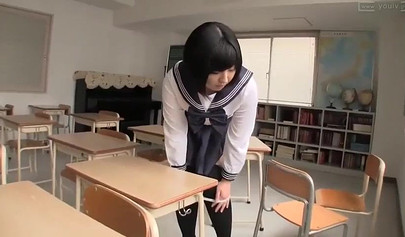Chubby Japanese teen strips and masturbates in the classroom