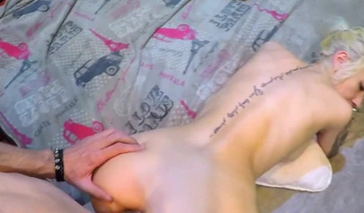 Blonde teen gets her tight ass and pussy penetrated from behind