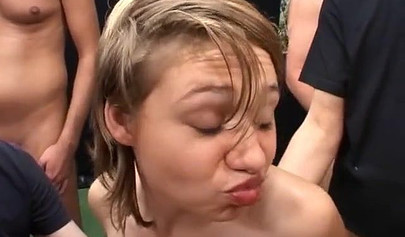 Blonde teens getting involved in rough bukkake action with perverts