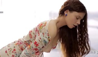 Kinky teen Margarita C Peachy lifts her dress up and masturbates on the floor