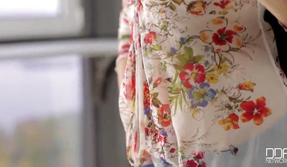 Kinky teen Margarita C Peachy lifts her dress up and masturbates on the floor