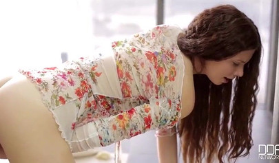 Kinky teen Margarita C Peachy lifts her dress up and masturbates on the floor