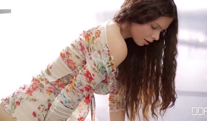 Kinky teen Margarita C Peachy lifts her dress up and masturbates on the floor