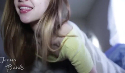 Sensational brunette teen grabbing and sucking a huge dick