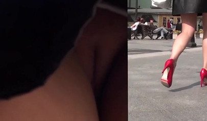 Sexy Russian teen with upskirt pussy filmed in public