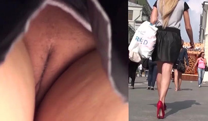 Sexy Russian teen with upskirt pussy filmed in public