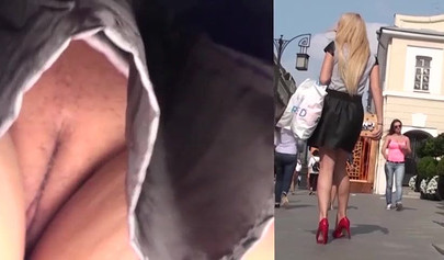 Sexy Russian teen with upskirt pussy filmed in public