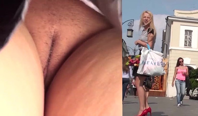 Sexy Russian teen with upskirt pussy filmed in public