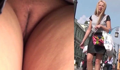 Sexy Russian teen with upskirt pussy filmed in public