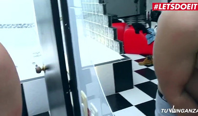 Chubby teen with big tits getting fucked hard in the bathroom