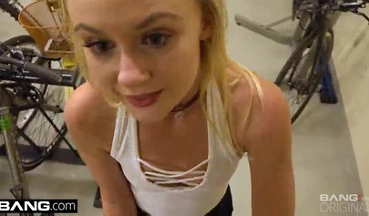 Shameless blonde teen giving a public blowjob